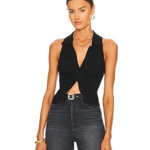 NWOT Superdown Rina Ruched Top Sleeveless Black Collared Button-Front Top Small